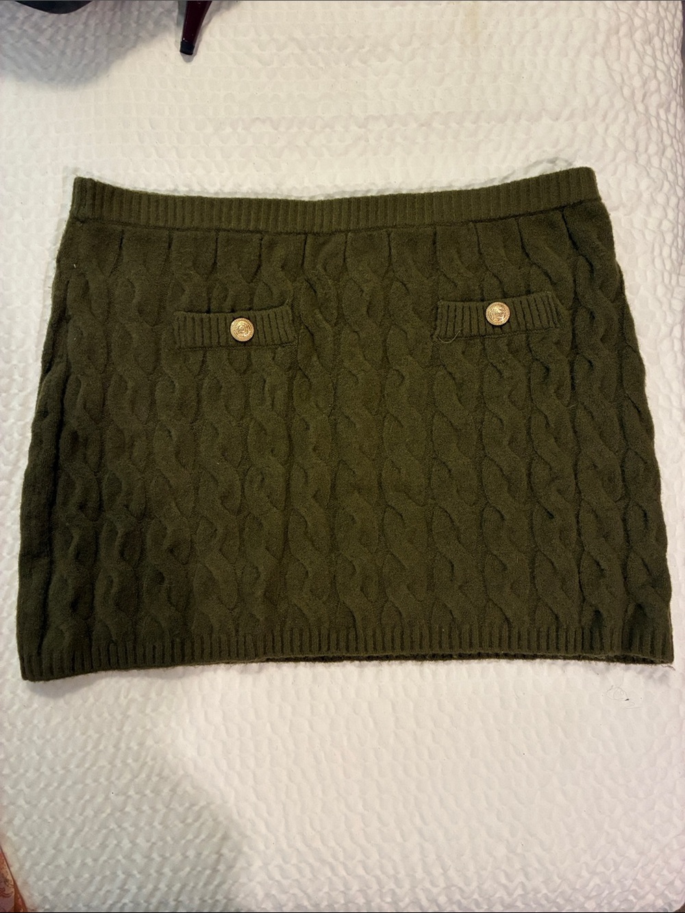 H&M Olive Green Cable Knit Mini Skirt with Gold Button Accents